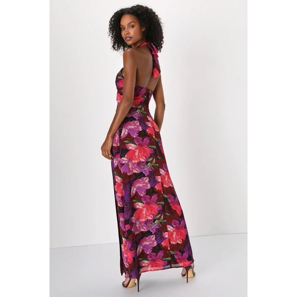 NEW NWT Lulus Forever Gorgeous Burgundy Multi Floral Print Halter Maxi Dress - Picture 4 of 9
